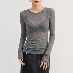 灰色打底衫女内搭可外穿洋气修身时髦长袖微透超好看上衣高级感薄