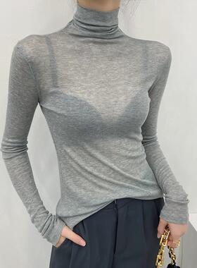 灰色高领打底衫女薄款2025新款秋冬网纱内搭高级感微透上衣堆堆领