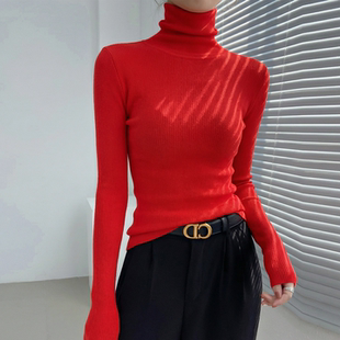 女 打底衫 高领绝美巨好看红色毛衣羊毛针织衫 内搭可外穿高级感修身
