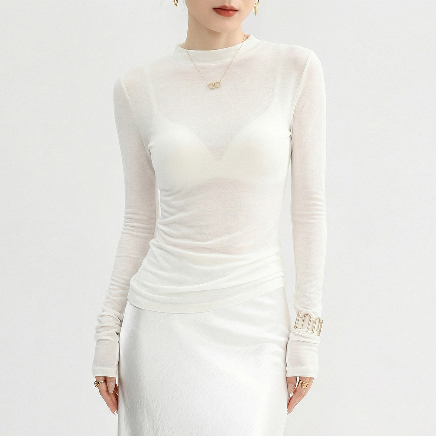 白色立领修身内搭打底衫女修身正品高档长袖可外穿薄款网纱上衣透,女装/女士精品,T恤,淘宝优惠券,粉丝福利购,淘宝优惠卷