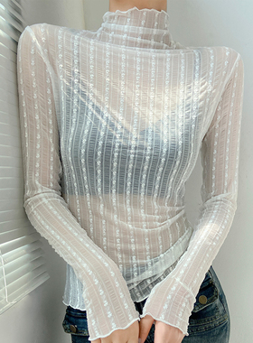 白色高领蕾丝打底衫女2024新款秋冬吊带裙内搭透明网纱上衣高级感