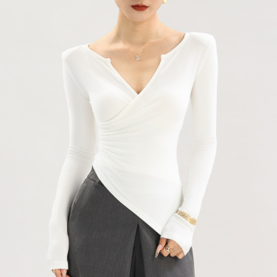v领白色打底衫女加绒加厚磨毛