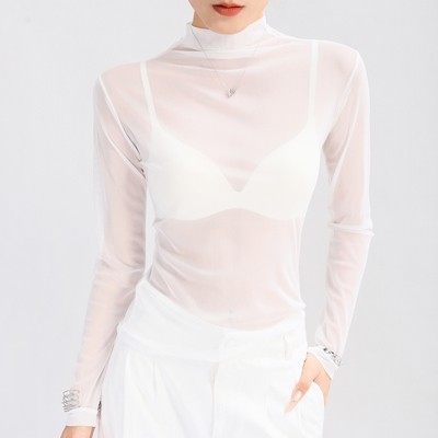 白色网纱打底衫欧货轻薄透视上衣