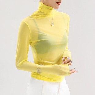 黄色高领蕾丝打底衫女秋冬内搭独特别致高级感微透网纱上衣堆堆领