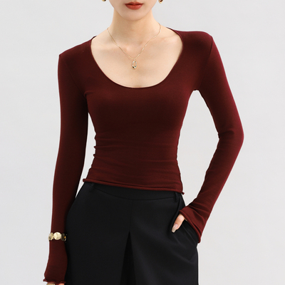 方领加绒加厚打底衫女红色上衣