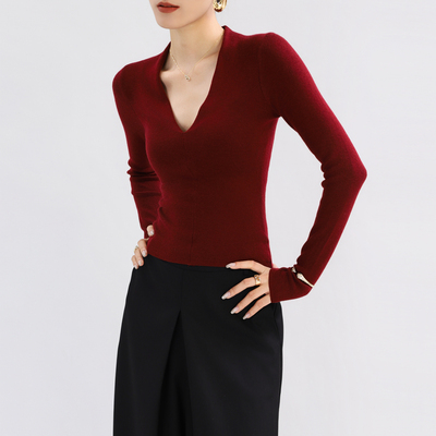 红色V领针织衫内搭可外穿打底衫