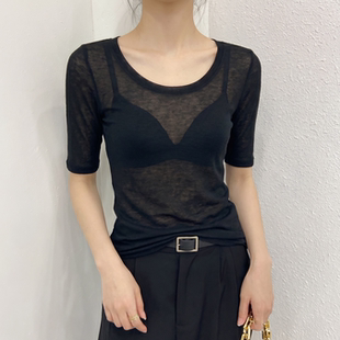 黑色大领口半袖女款2026新款正肩薄款微透修身中袖t恤圆领上衣夏