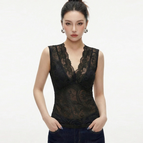 黑色v领蕾丝背心女夏外穿无袖