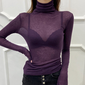 高领网纱打底衫 蕾丝透视紫色内搭品牌透明上衣高级感薄 女高端爆款