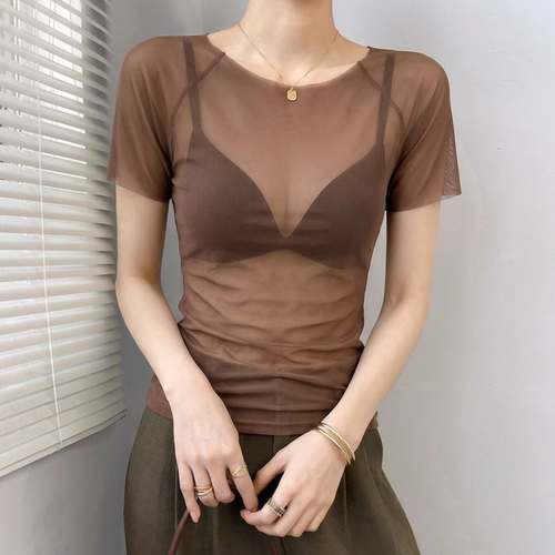 圆领蕾丝短袖t恤女修身网纱上衣