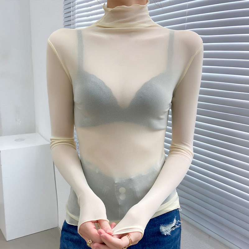 杏色高领打底衫女早秋chic薄款内搭面膜透视透明高端网纱上衣纱衣