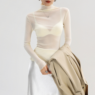 高领蕾丝打底衫内搭叠穿白色独特漂亮高端薄款透明网纱上衣高级感