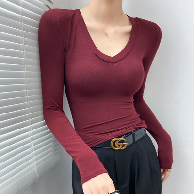 暗红色垫肩打底衫2024新款薄款