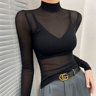 黑色半高领网纱打底衫女高端2026新款蕾丝内搭透明漂亮上衣高级感