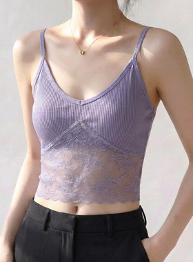 紫色内搭蕾丝吊带背心女外穿法式带胸垫美背网纱叠穿短款绝美上衣