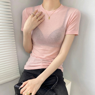 圆领粉色短袖女t恤2026新款修身微透薄小衫夏季高质量高级感上衣