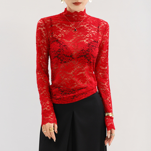 红色高领蕾丝打底衫女高级感品牌修身超好看内搭叠穿薄款网纱上衣
