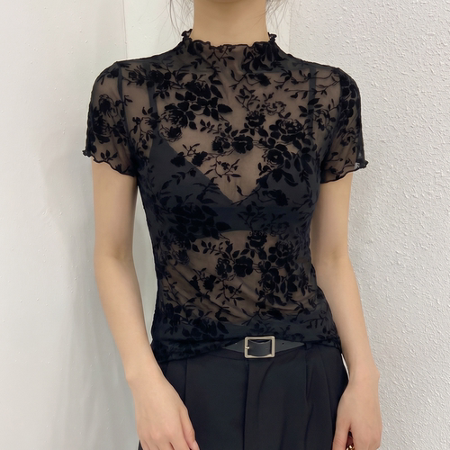 黑色植绒蕾丝短袖t恤女透视网纱