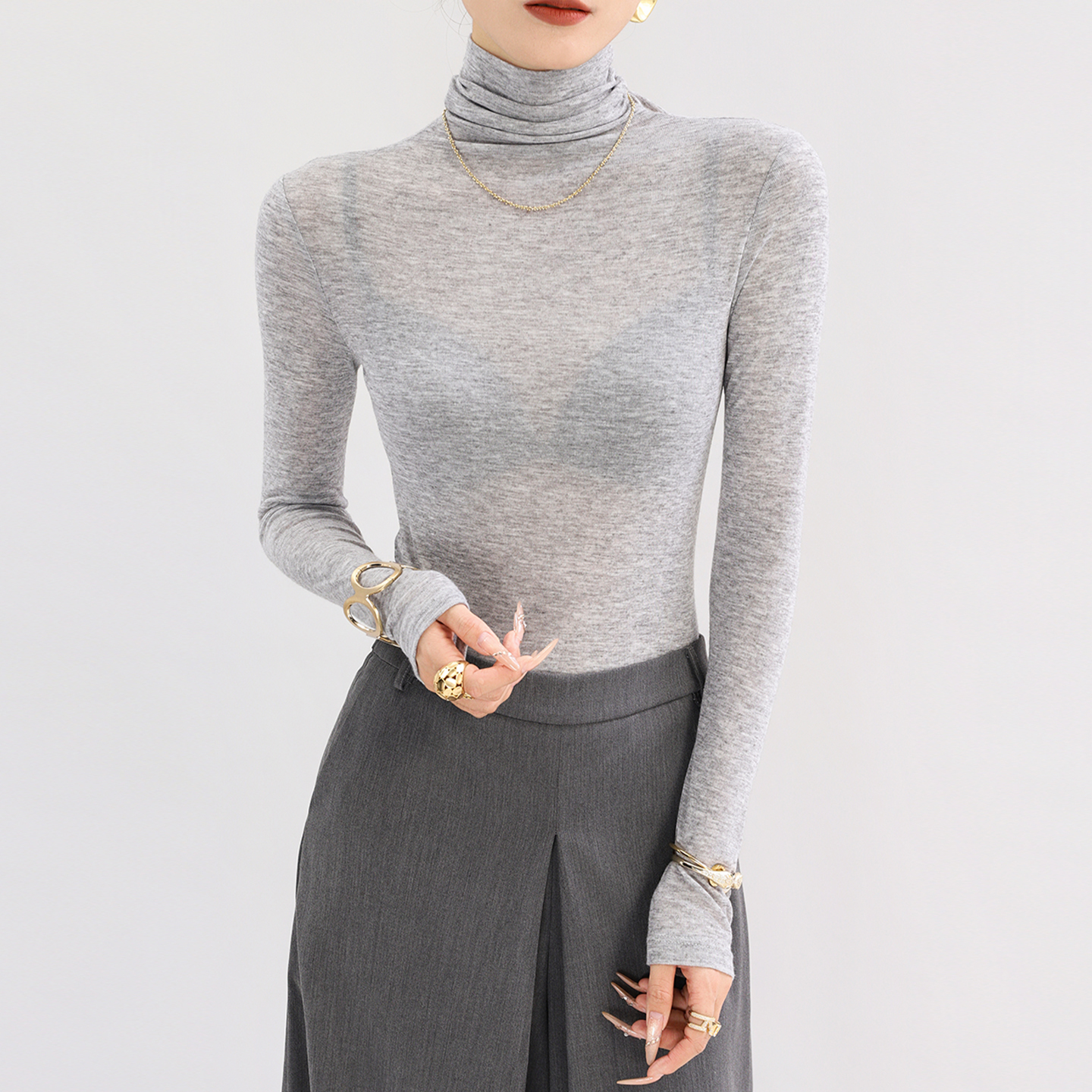 灰色高领打底衫女高级感秋冬薄款