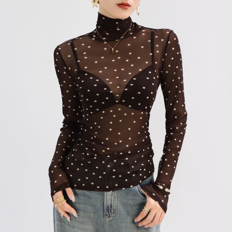 美拉德咖色蕾丝打底衫女波点高领网纱长袖内搭轻奢高级感高端上衣,女装/女士精品,T恤,淘宝优惠券,粉丝福利购,淘宝优惠卷