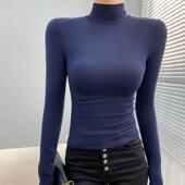 藏蓝色高领加绒打底衫 女秋冬季 洋气内搭保暖正肩显瘦高端精致上衣