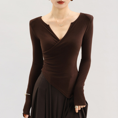 咖色v领加绒加厚打底衫女收腰