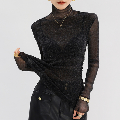 黑色高领双层蕾丝网纱打底衫女