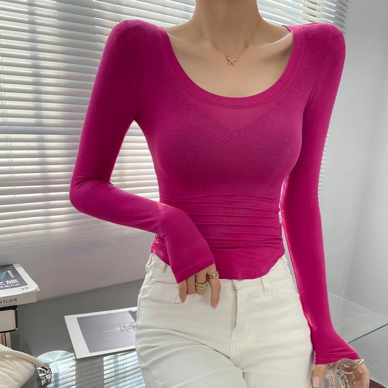 玫红色U领修身t恤女正肩掐腰上衣