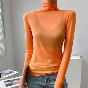 桔色高领蕾丝性感打底衫女网纱上衣高级感透视气质微透长袖内搭薄