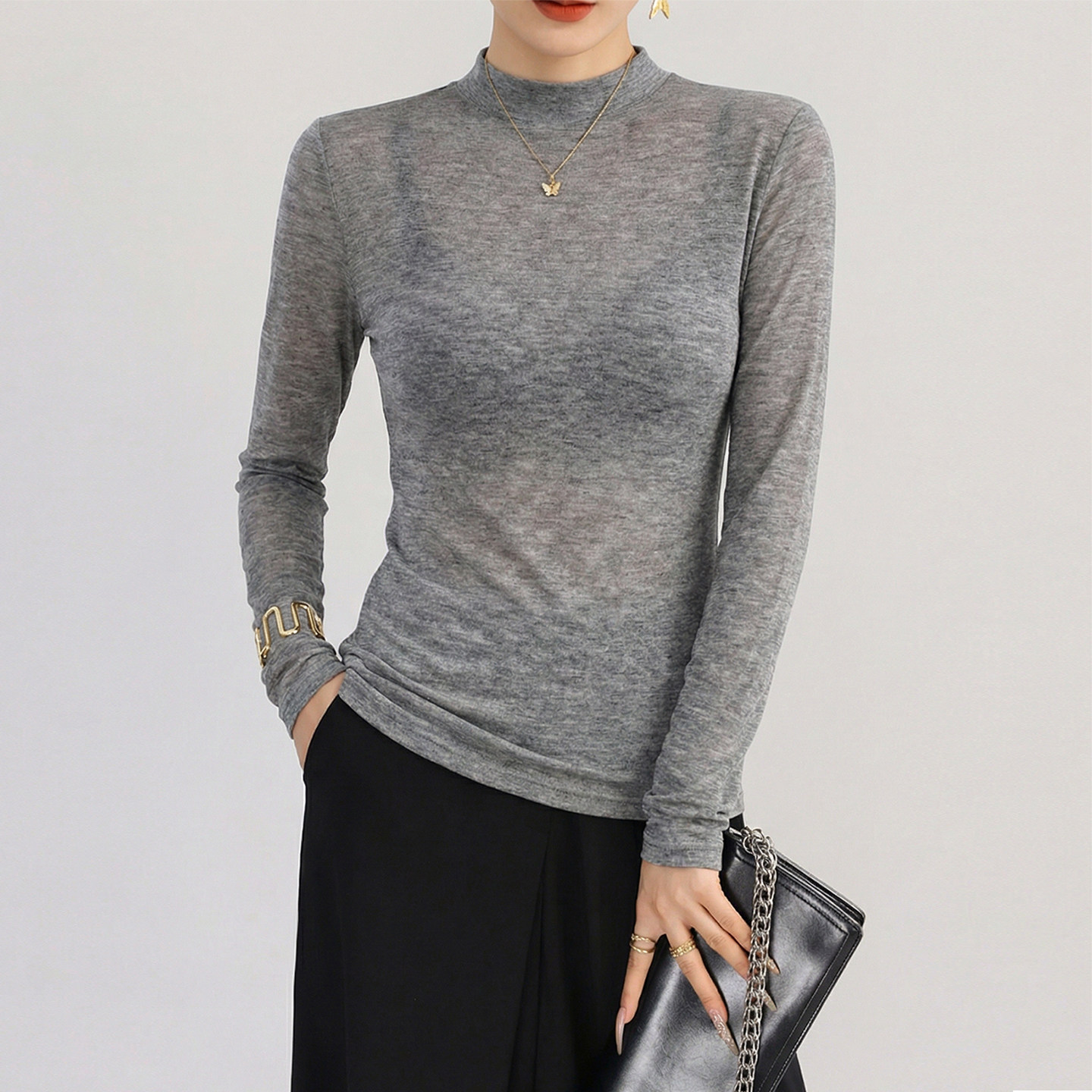 灰色立领网纱内搭打底衫女修身可外穿薄款长袖T恤高级感叠穿上衣,女装/女士精品,T恤,淘宝优惠券,粉丝福利购,淘宝优惠卷