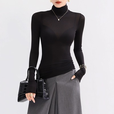 黑色高领莱赛尔天丝羊毛打底衫