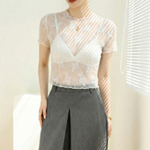 t恤女2026新款 上衣罩衫 夏季 微透网纱短款 超好看薄款 白色蕾丝短袖