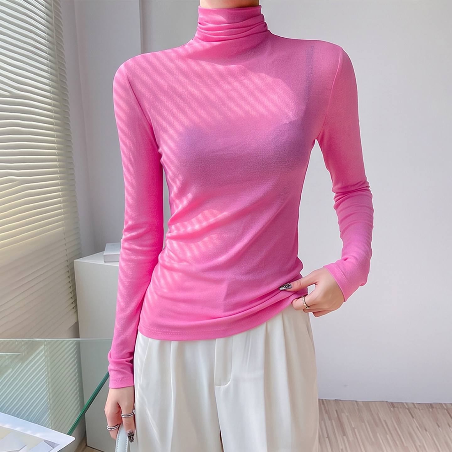 粉色网纱打底衫女修身薄款内搭图片