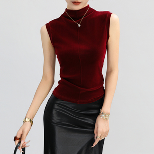 红色无袖金丝绒打底衫女2026新款高端轻奢品牌巨好看轻熟修身上衣