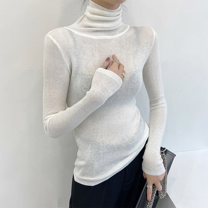 细羊毛高领打底衫2024新款女秋冬白色内搭薄款针织衫微透上衣修身
