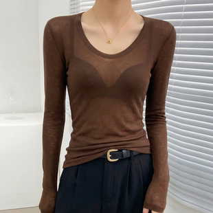 上衣高级感薄 t恤低领微透网纱修身 咖色u领打底衫 女内搭可外穿长袖