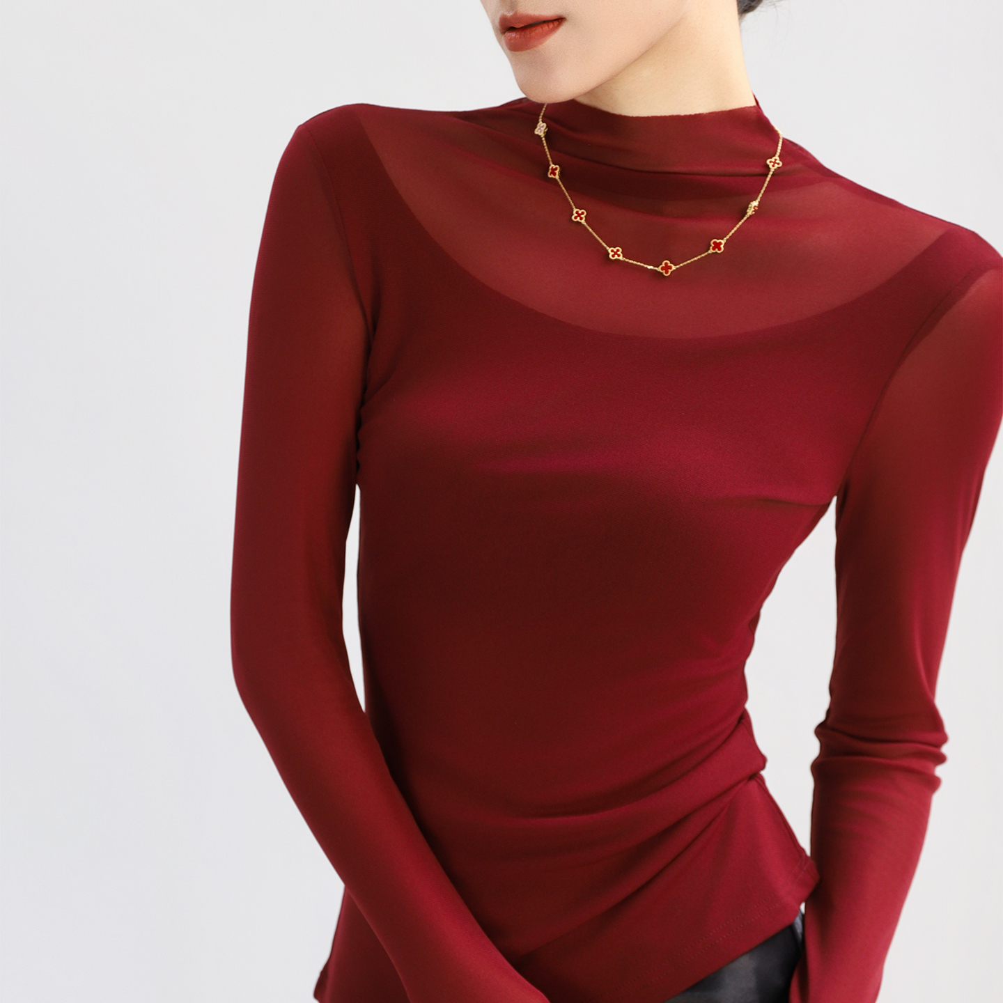 半高领红色网纱蕾丝打底衫女高端