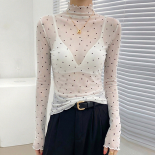 白色高领波点蕾丝打底衫女内搭绝美2026新款透视网纱修身叠穿上衣