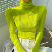 荧光绿高领羊毛打底衫 微透毛衣针织衫 冬季 内搭女高级感可外穿薄款