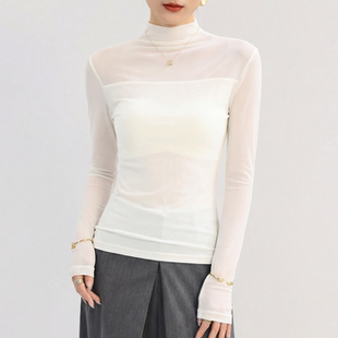 白色加绒加厚打底衫女可外穿半高领蕾丝网纱内搭拼接上衣高级感冬