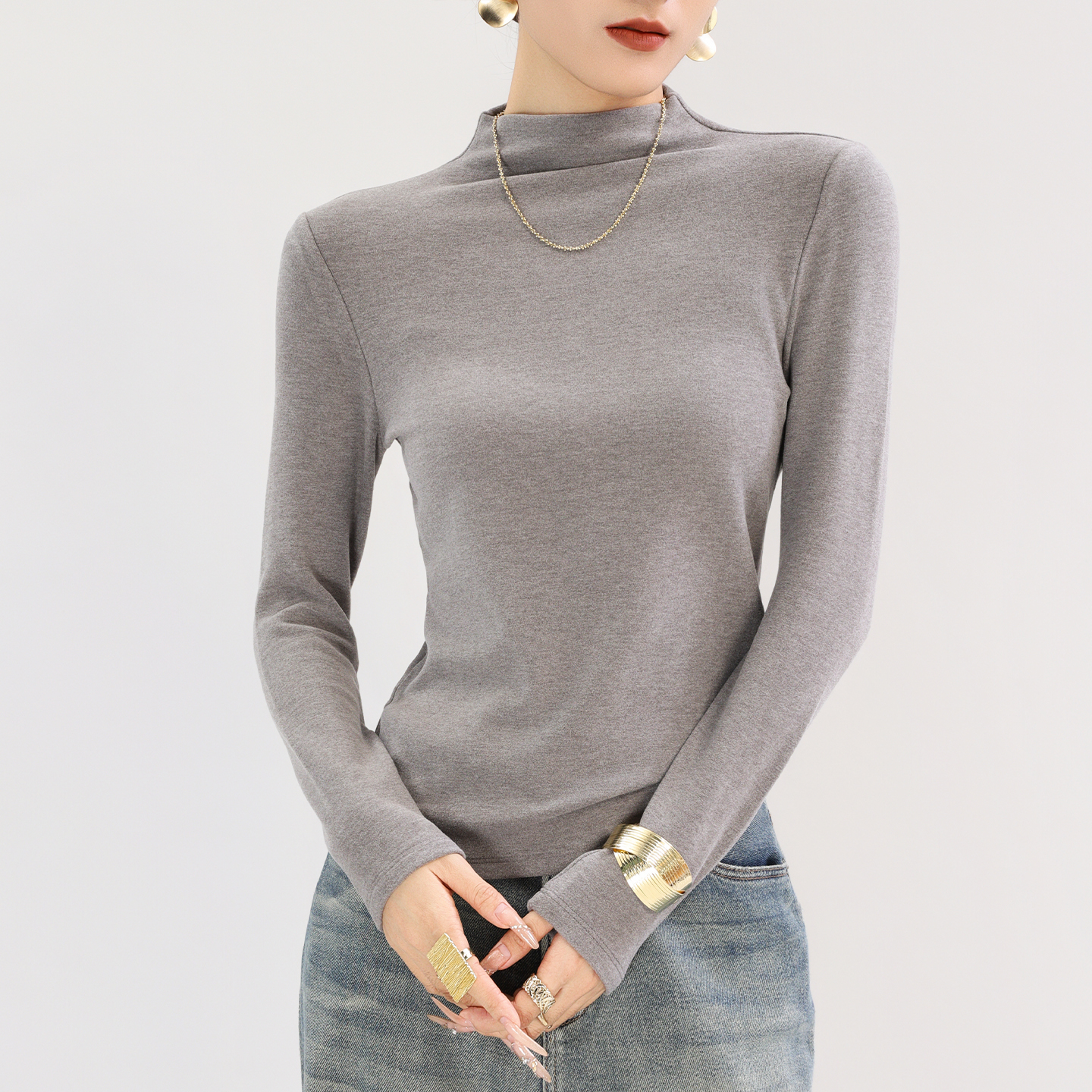 双面德绒打底衫灰色内搭修身保暖