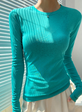 欧洲站2025新款t恤女圆领长袖上衣蓝色修身内搭秋冬可外穿打底衫