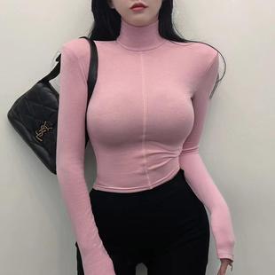 高领加绒加厚打底衫女秋冬粉色内搭高级感打底衣短款紧身上衣保暖