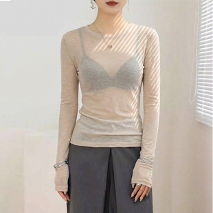 薄款 蕾丝薄网纱修身 微透上衣 女高级感2026新款 杏色圆领内搭打底衫