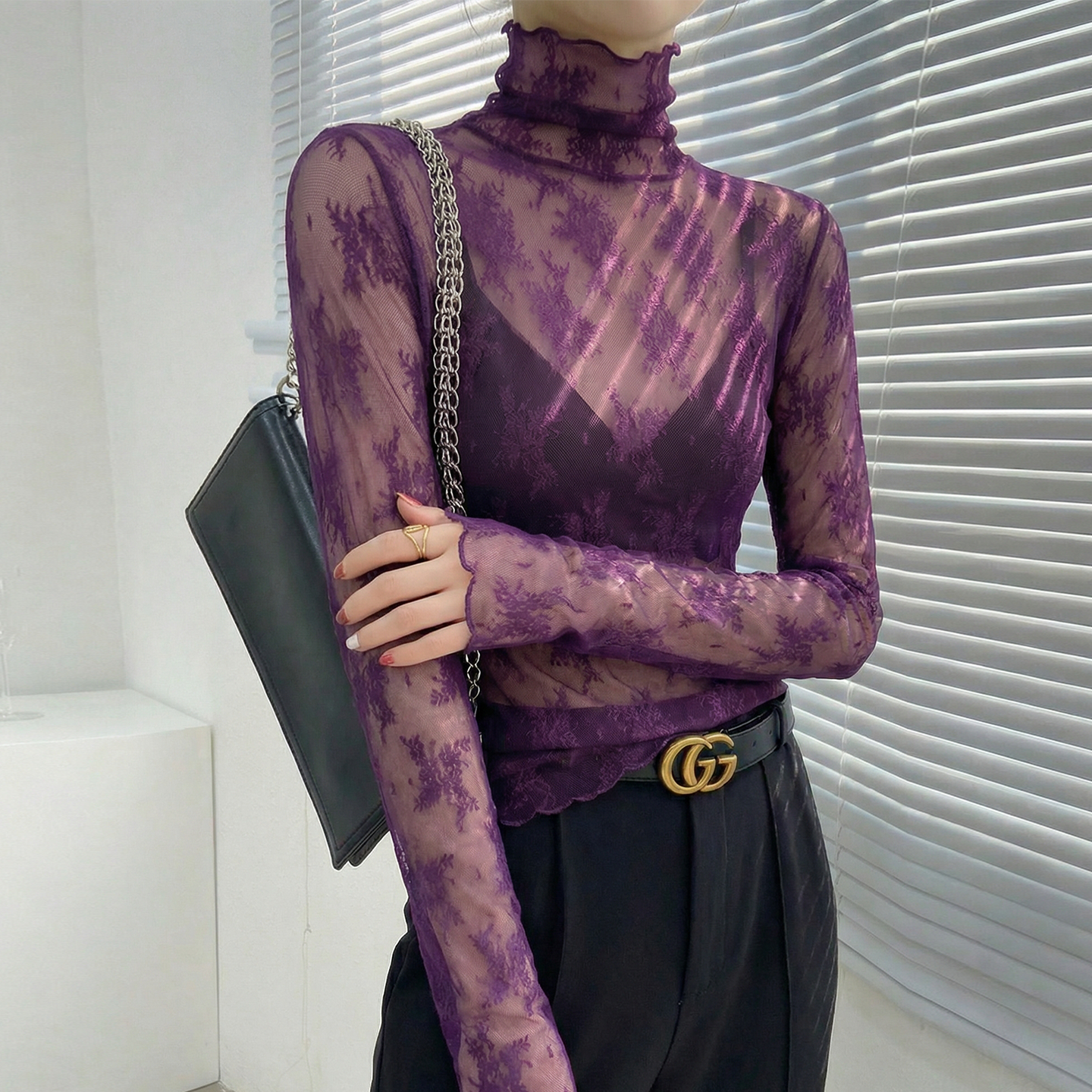 紫色高领内搭绝美打底衫蕾丝网纱镂空长袖高级感可外穿叠穿上衣女,女装/女士精品,蕾丝衫/雪纺衫,淘宝优惠券,粉丝福利购,淘宝优惠卷