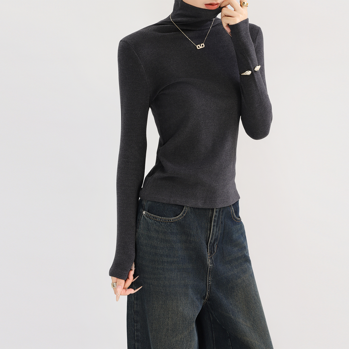 灰色高领双面德绒品牌打底衫女