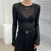 女正品 高档黑色薄款 微透内搭可外穿修身 品牌打底衫 长袖 上衣高级感