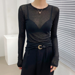 品牌打底衫女正品高档黑色薄款微透内搭可外穿修身长袖上衣高级感