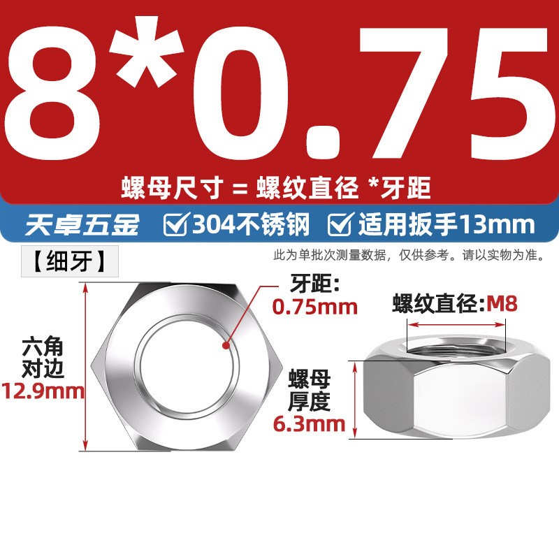 304/316L不锈钢细牙n六角螺母螺丝帽幼牙M4M5M6M8M10-M52*1*1.5*2