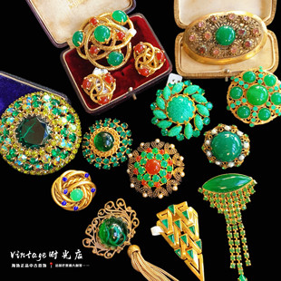 稀有胸针 Vintage法国古着孤品重工绿色系列琉璃耳夹老式
